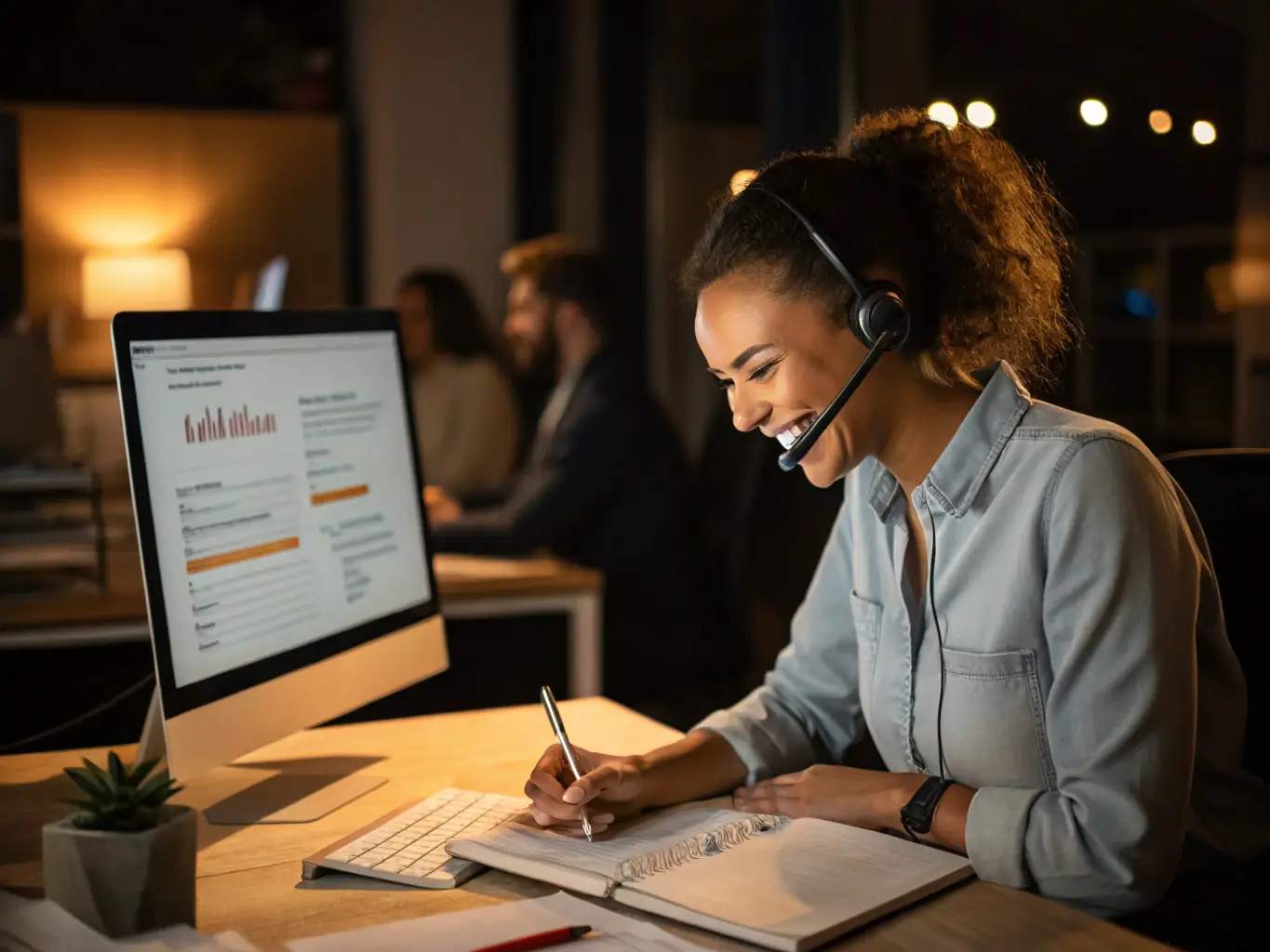 A customer service representative using CRM software, interacting with a customer profile on a computer in a call center environment.