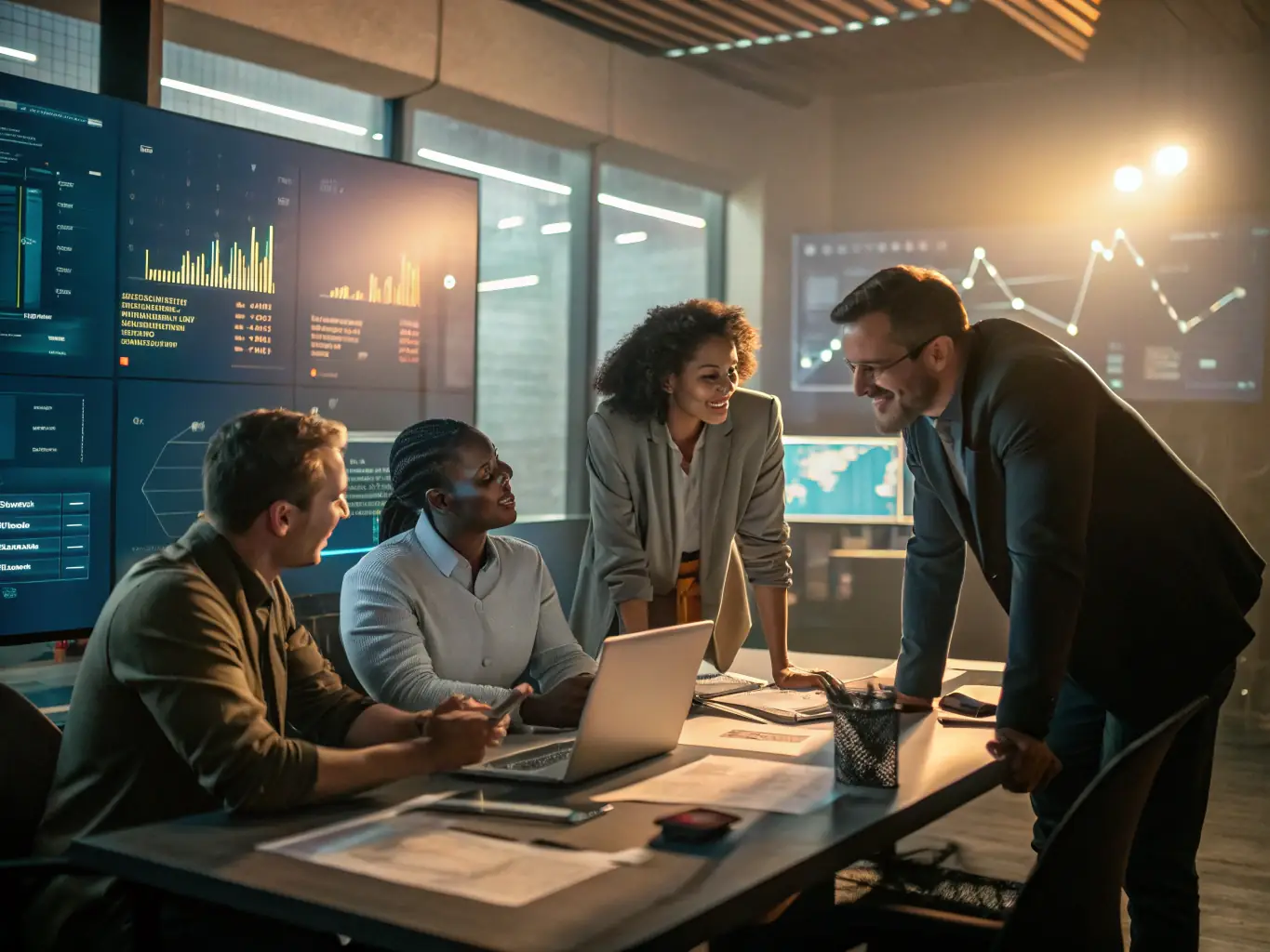 A professional team collaborating on a CRM software interface, showcasing data analysis and customer relationship management features in a modern office setting.